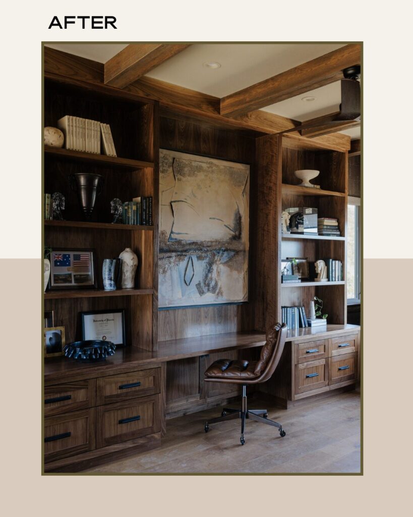 Stylish home office featuring dark wooden shelves, an abstract painting, a leather chair, and a warm, inviting color palette.