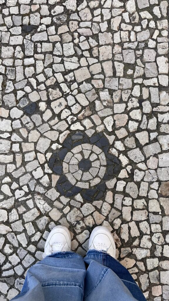 Footwear stands on a patterned cobblestone surface, featuring a central floral tile design surrounded by irregular stones in shades of gray and white.
