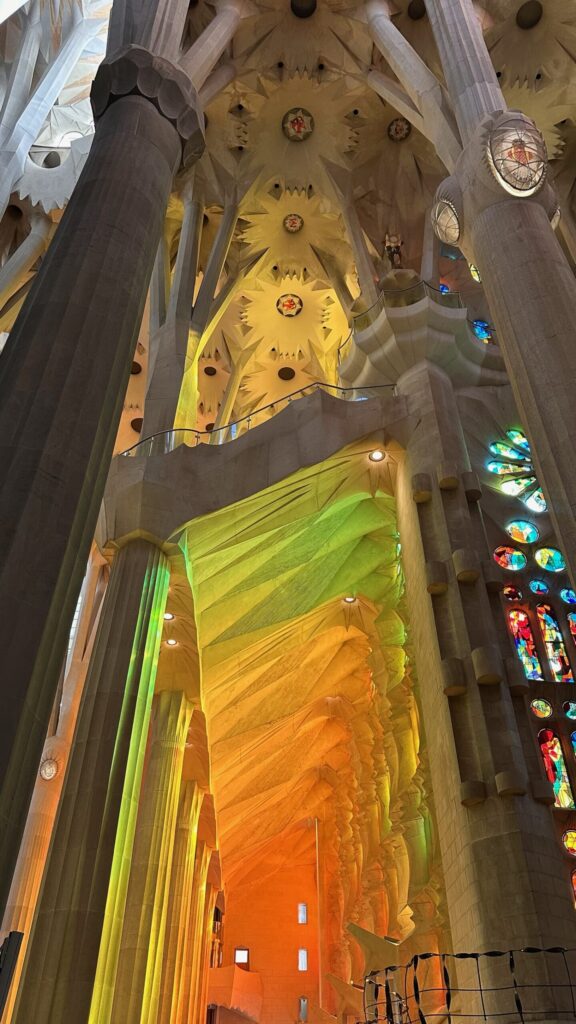 Colorful light filters through stained glass, illuminating the intricate, organic columns and sculptural ceiling of the Sagrada Familia interior.