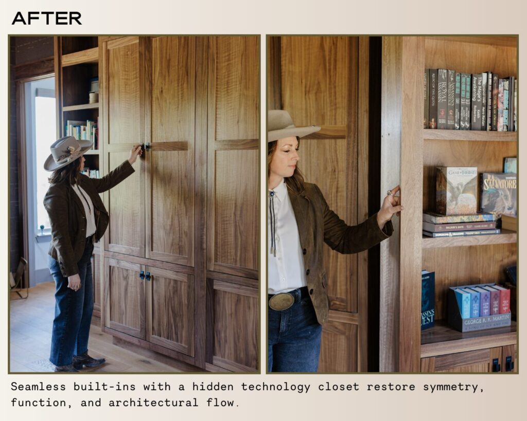 A woman in a cowboy hat adjusts a wooden closet with built-ins, showcasing symmetry and organized bookshelves in a stylish interior.