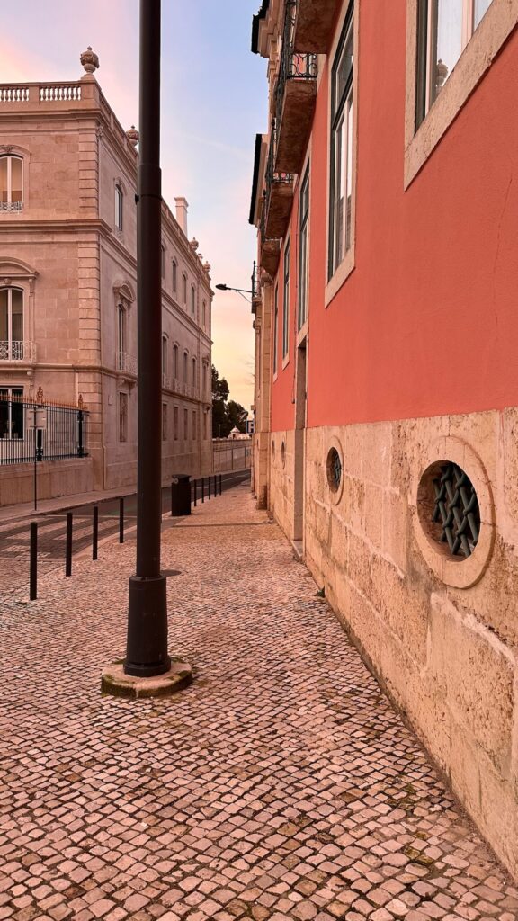 Narrow cobblestone path bordered by historic buildings; a pink wall on the right and a light-colored stone façade on the left.