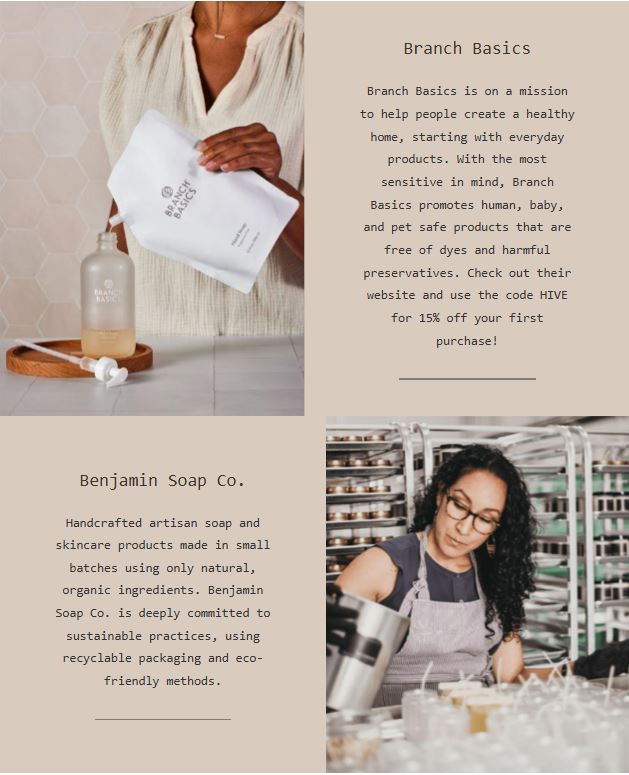 Two columns featuring eco-friendly soap brands. Left: clear soap dispenser and plant; right: woman mixing ingredients in a kitchen.