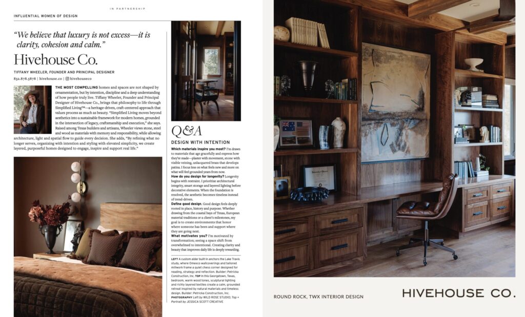 A sophisticated interior featuring a wooden bookshelf, a stylish desk chair, and a cozy bed; rich earthy tones create a serene atmosphere.